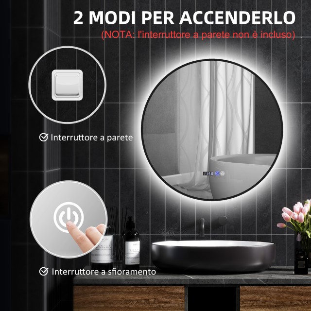 HOMCOM  Καθρέφτης Μπάνιου με Ρυθμιζόμενο Φωτισμό LED, Αντιθαμβωτική Λειτουργία και Οθόνη Χρόνου και Θερμοκρασίας, Ø70 cm, Μαύρο  834-809V00BK