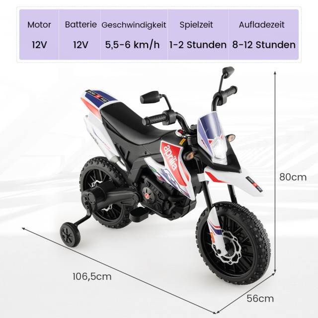 Costway Παιδική Μηχανή Aprilia Elektro με Βοηθητικές Ρόδες & Μουσική & Φώτα 12V Λευκή TQ10143DE-WH
