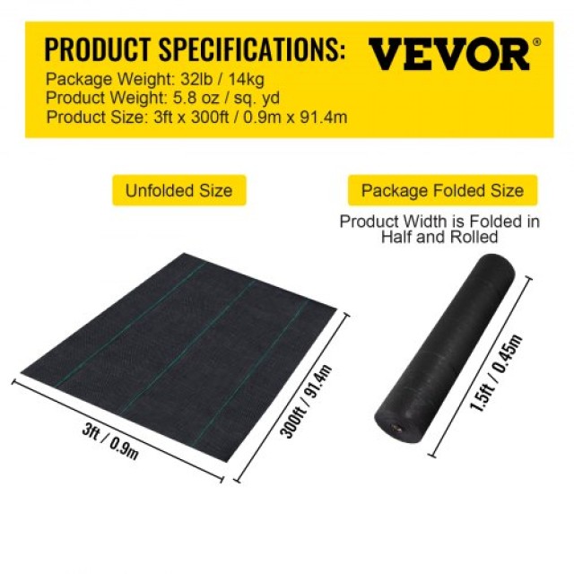 VEVOR Υφασμάτινο Φράγμα Ζιζανίων, 5.8oz, 3x300ft, Μαύρο  FCBY33005.8OZ8WBLV0