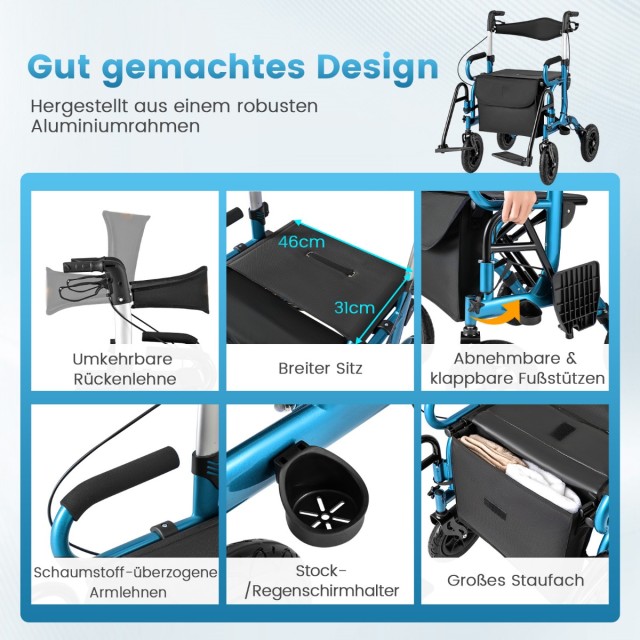 Costway Πτυσσόμενος Ελαφρύς Rollator με Φουσκωτούς Τροχούς και Κάθι...
