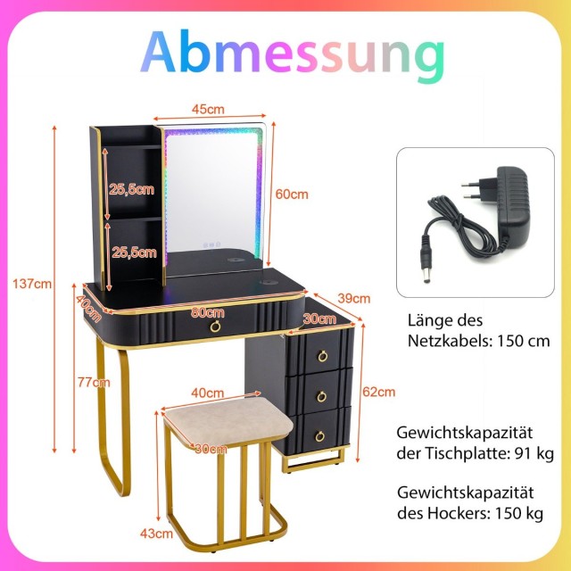 Costway Σετ Τουαλέτας Μακιγιάζ με LED Φωτισμό  80 cm x 40 cm x 137 cm Μαύρο HU10617DE-BK