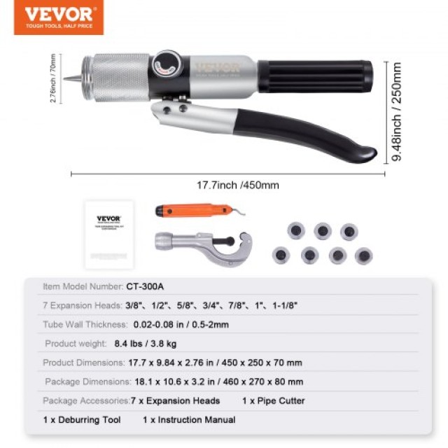 Υδραυλικός Επεκτατήρας Σωλήνων VEVOR, 3/8 έως 1-1/8 OD, Εργαλείο Διόγκωσης με 7 Κεφαλές, Απογρεζωτής, Κόφτης για Χαλκό Αλουμίνιο Ορείχαλκο Μαλακό Ατσάλι  YYKGQHSGTG7N2DLV2V0