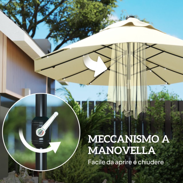 Outsunny Διπλή Ομπρέλα με Φώτα LED και Σταυροειδή Βάση, από Πολυεστέρα και Ατσάλι, 295x150x219 εκ., Λευκό Κρεμ. 84D-223V00CW