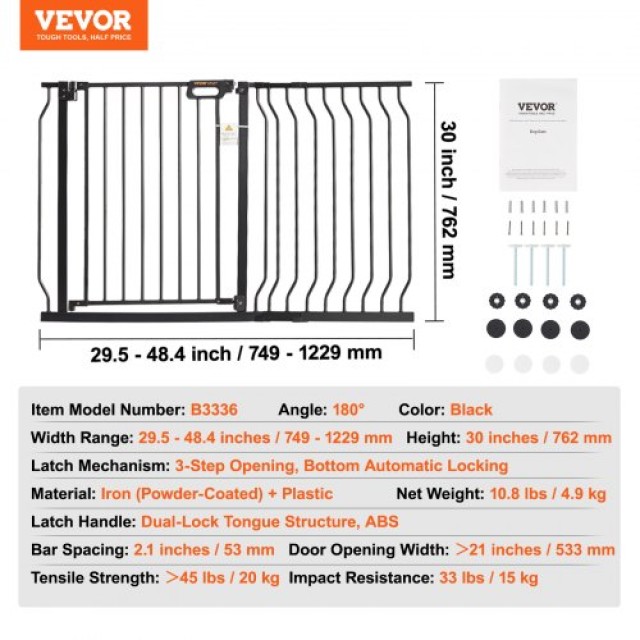 Πύλη Ασφαλείας VEVOR για Μωρά & Κατοικίδια, 75-123cm, Μαύρη  LGXCWZ...