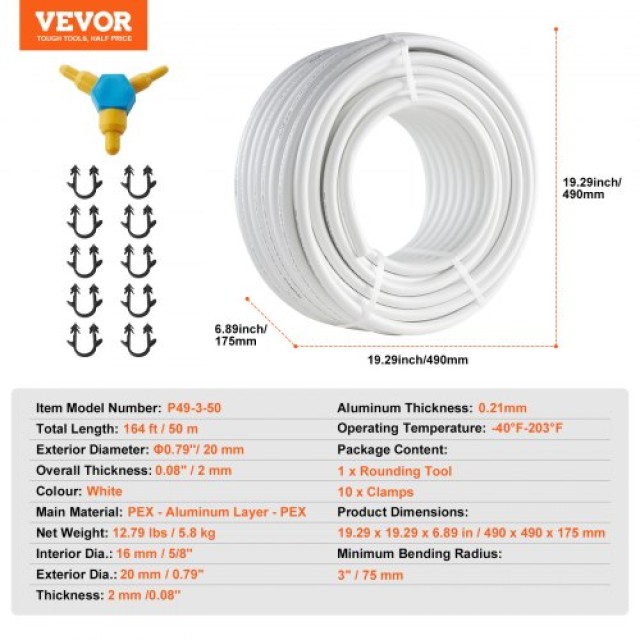 VEVOR Σωλήνας PEX-AL-PEX 164 ft, Διάμετρος 0.79, Σωλήνας Δαπέδου Θέρμανσης με Φράγμα Οξυγόνου  LSGBSDDLP50MPSKRGV0