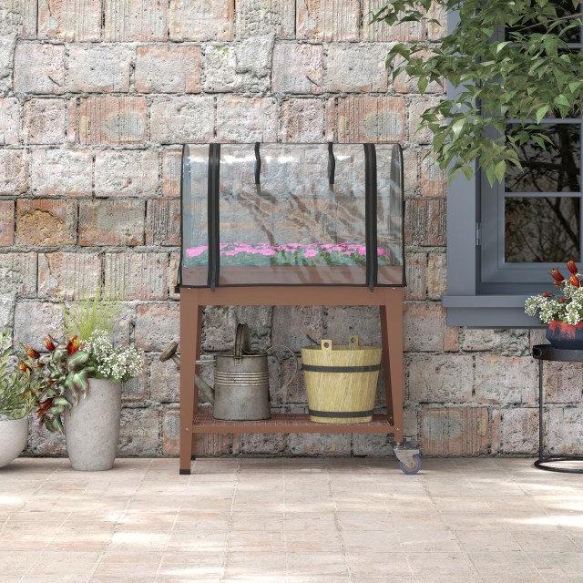 Outsunny Raised Planter με Μίνι Θερμοκήπιο για Φυτά, Τροχούς και Ράφι, 80x40x120cm, Καφέ 84H-034V00BN