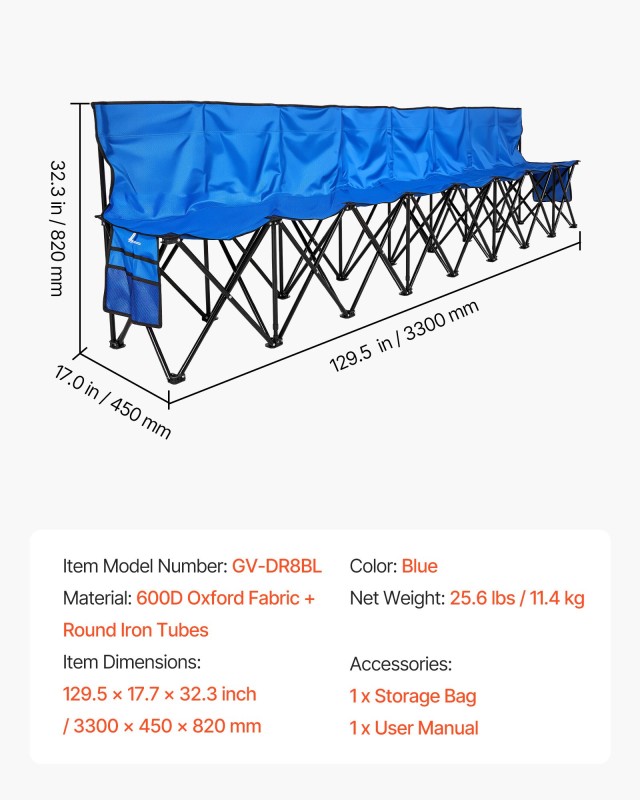 VEVOR Φορητός Πτυσσόμενος Πάγκος 8 Θέσεων με Διαστάσεις 3300x450x82...