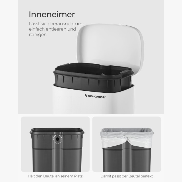 SONGMICS Κάδος Απορριμμάτων Κουζίνας 30L με Πεντάλ, Λευκός, TB03WT 