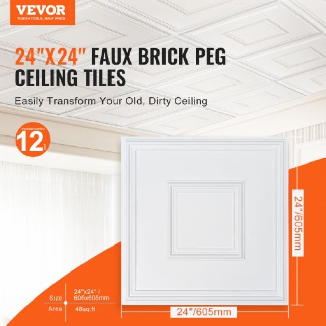 VEVOR Πλακάκια Οροφής 12τμχ 24x24in PVC Εύκολη Εγκατάσταση Λευκά Γεωμετρικά  THBZPVCB12J2BINQSV0
