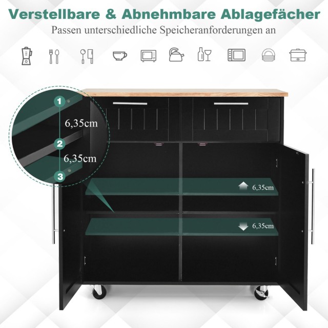 Costway Πολυλειτουργικό Μαύρο Τρόλεϊ Κουζίνας με Συρτάρια και Ντουλ...