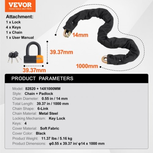 VEVOR  Κλειδαριά Αλυσίδας Ποδηλάτου 1μ με 4 Κλειδιά, Μεταλλική 14mm ZXCLSLTGS15MGHSEDV0