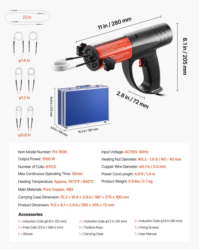 VEVOR Φορητός Επαγωγικός Θερμαντήρας Μπουλονιών 1500W, 230V, με Κιτ...