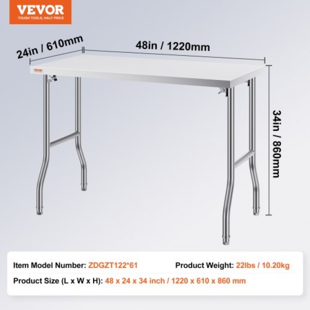 Πτυσσόμενο Επαγγελματικό Τραπέζι VEVOR 48x24, Ανοξείδωτο Ατσάλι, 66...