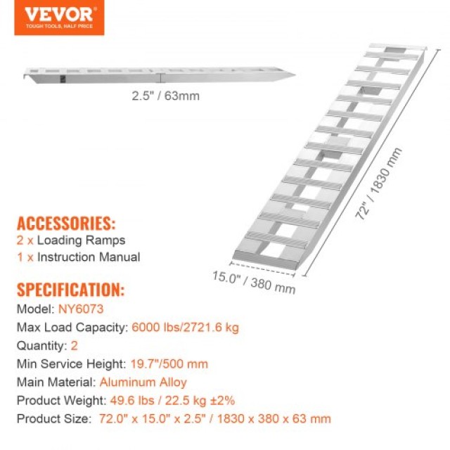 VEVOR Αλουμινένιες Ράμπες 72 x 15 6000 LBS (Σετ 2)  LJSL72X15INCLGW41V0