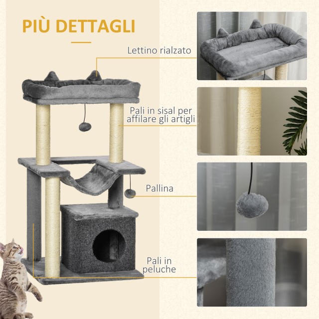Cat Tree με Σιζάλ Σχοινί ξύσιμο Σπίτι Μαξιλάρι και αιώρα Λούτρινο και τσόχα κάλυμμα Γκρι 48 x 48 x 90 cm PawHut D30-491