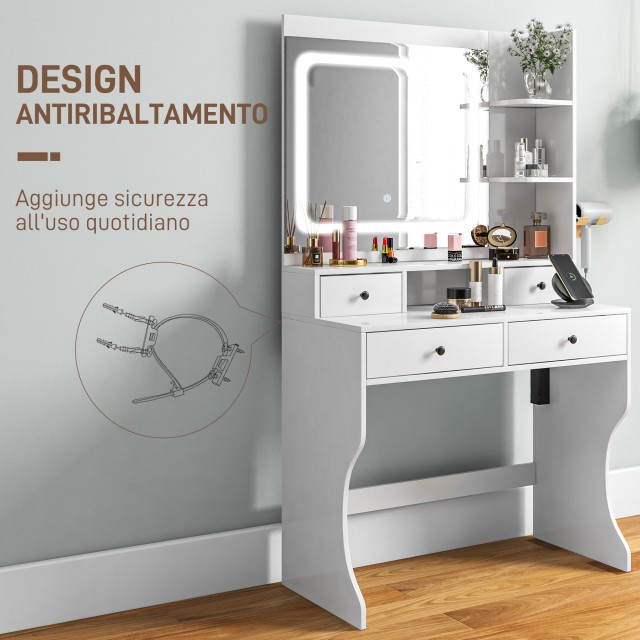 HOMCOM Τουαλέτα Μακιγιάζ με Φώτα LED 3 Αποχρώσεις και Καθρέφτη  Θύρ...