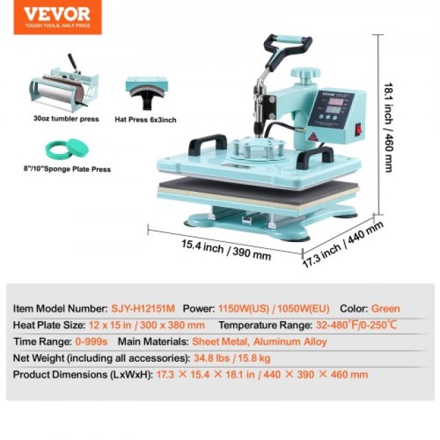 Πρέσα Θερμότητας VEVOR 12x15 5 σε 1 με Πρέσα για Κύπελλα 30oz Πράσινη  YTS30OZ121551W8DEV2