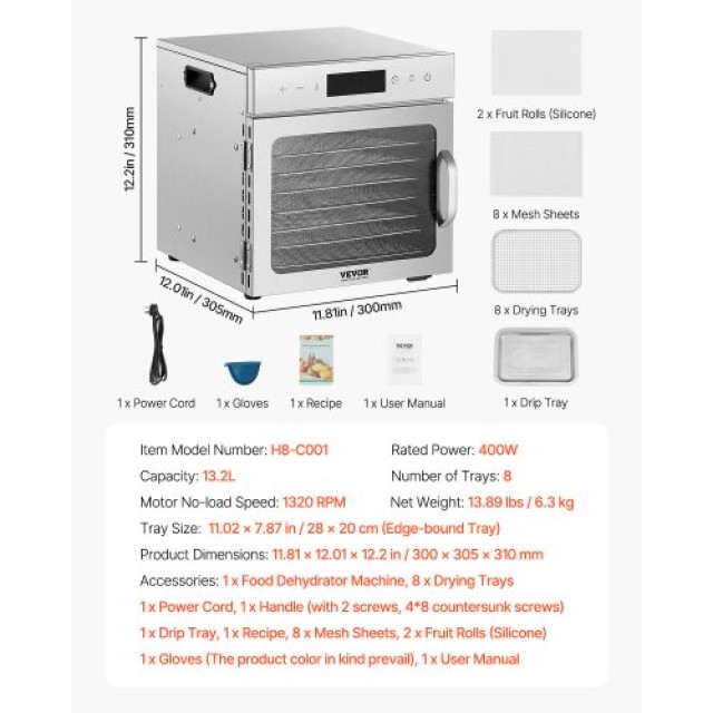 VEVOR Αφυγραντήρας Τροφίμων 8 Δίσκων 400W Ανοξείδωτος SGHGJ400W8CTHLWETV2