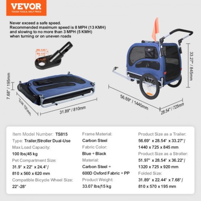 VEVOR  Τρέιλερ Ποδηλάτου Σκύλου 2-σε-1, έως 100 lbs, Καρότσι/Φορέας, Αναδιπλούμενο, Μπλε/Μαύρο TCTCLYSCWZXCFH21DV0
