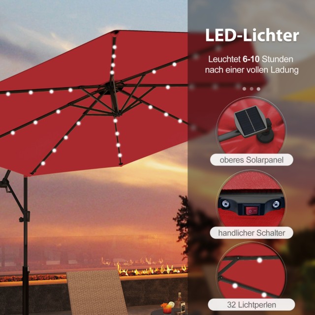 Costway Αναδιπλούμενη Ομπρέλα Κήπου με Ηλιακά LED Φώτα και Περιστρο...