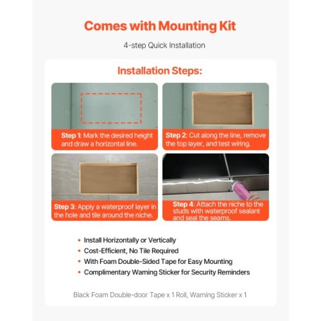 VEVOR Εντοιχισμένο Ράφι Ντους Ανοξείδωτο Ατσάλι 33x63.5x10.2εκ BXGL...