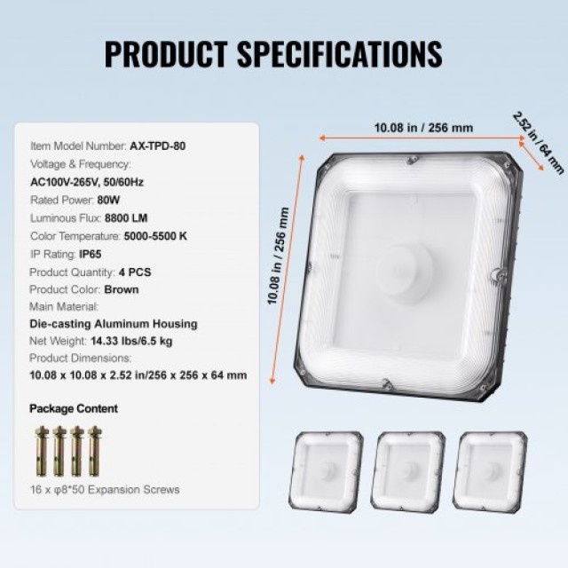 VEVOR Σετ 4 LED Φώτα Οροφής 80W 8800LM 5000K Εξωτερικού Χώρου  TPDDS80W4JT0CK09FV7
