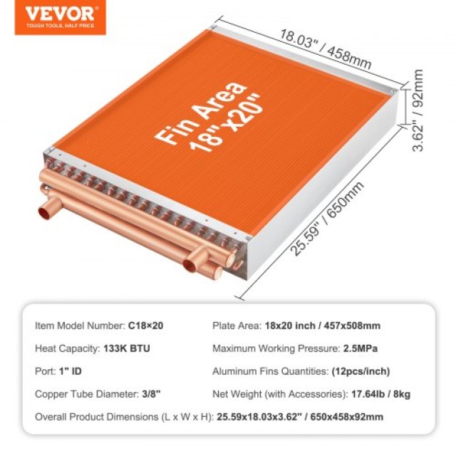 Εναλλάκτης Θερμότητας Νερού-Αέρα VEVOR 18x20 3 Σειρών  CPGSHRQ18200VCZ68V0