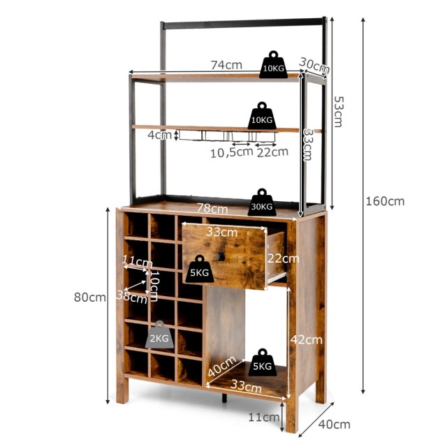 Πολυλειτουργικό Ράφι Κουζίνας 74 x 40 x 160 cm με Χώρο για Κρασιά κ...