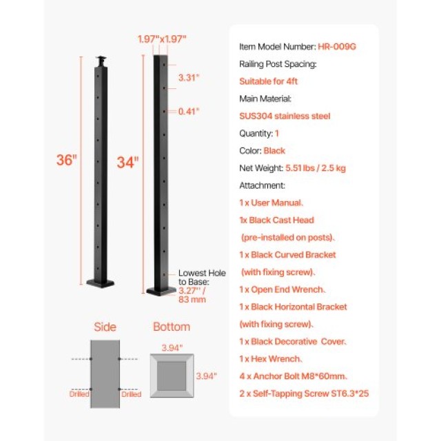 VEVOR Κάθετη Ράβδος Κάγκελου 36x2x2 ιντσών με Οριζόντιες Οπές 1JZLG...