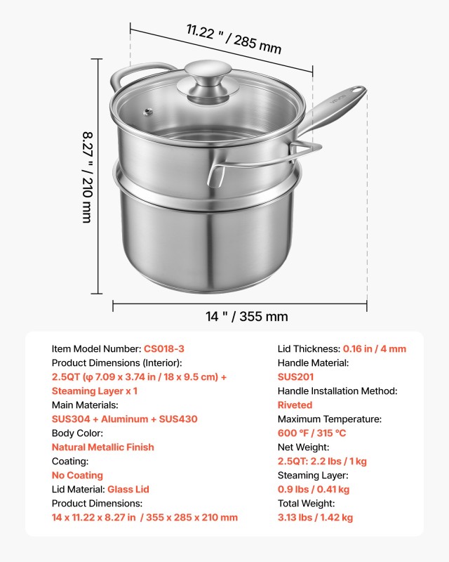 VEVOR Ανοξείδωτη Χύτρα Με Ατμομάγειρα 2.5 QT (18 x 9.5 cm) BXGJG25Q... VEVOR Ανοξείδωτη Χύτρα Με Ατμομάγειρα 2.5 QT (18 x 9.5 cm) BXGJG25Q...