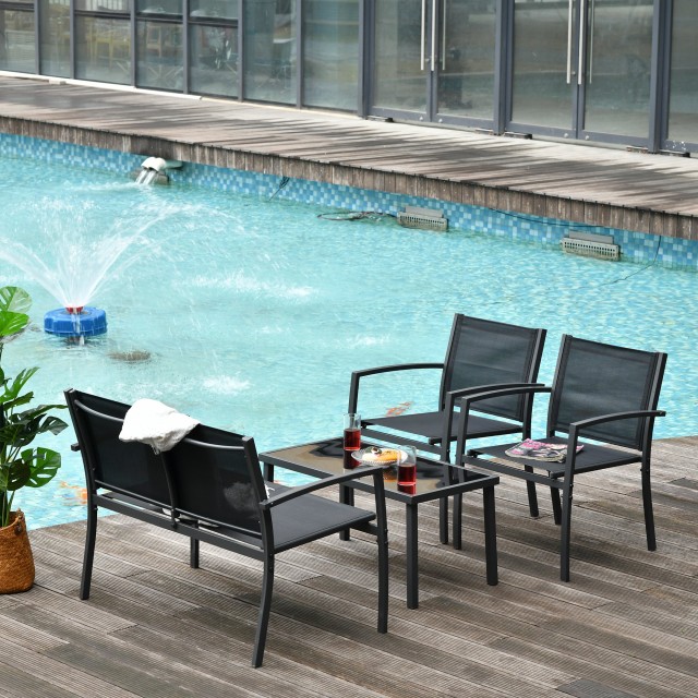 Outsunny Outdoor Lounge, σετ 4 τεμαχίων με 1 τραπεζάκι σαλονιού, 2 καρέκλες κήπου και 1 μεταλλικό πάγκο, μαύρο 84B-508