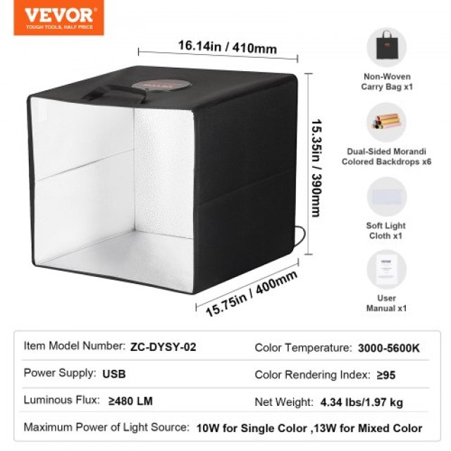 VEVOR Φωτογραφικό Κουτί 16 x 16 με Ρυθμιζόμενο Φωτισμό και 6 Διπλής Όψης Φόντα  SYDXNJBH16ING11SXV9