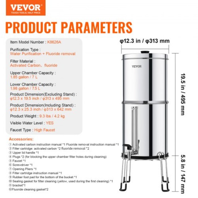 VEVOR  Σύστημα Φίλτρου Νερού Βαρύτητας 2.25G Ανοξείδωτο με 4 Φίλτρα...