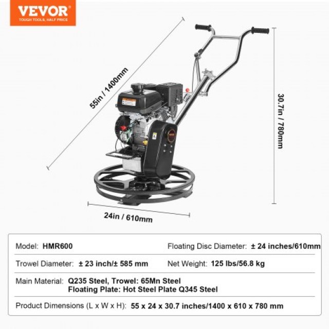 VEVOR Σπάτουλα Σκυροδέματος 24” 6HP Βενζινοκίνητη με Πλωτή Λεπίδα  DLMDJS24INCHTM04PV0