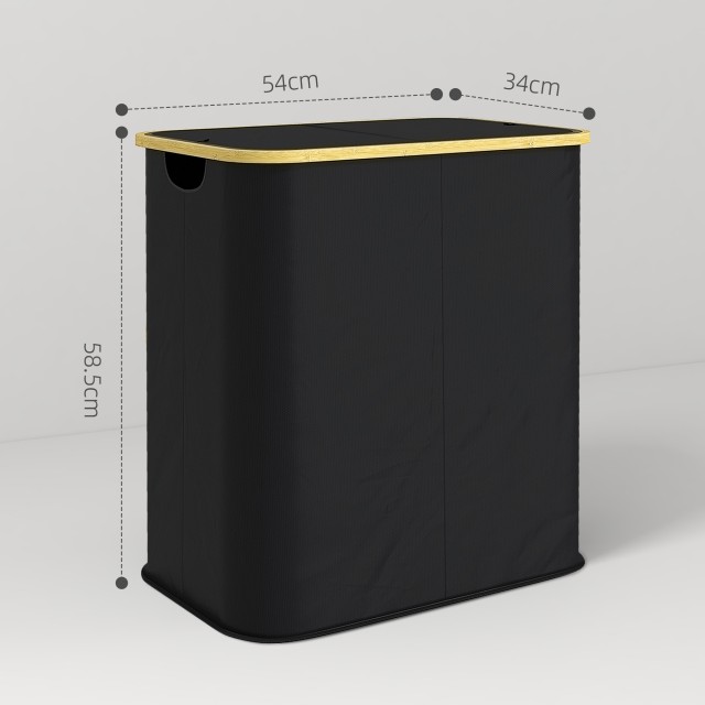 HOMCOM  Καλάθι Απλύτων 80L με 2 Διαμερίσματα και Καπάκι, από Ύφασμα μη Υφασμένο και Μπαμπού, 54x34x58.5 cm, Μαύρο  850-320V00BK