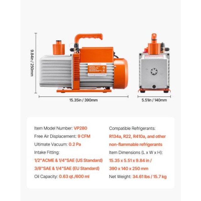 VEVOR Αντλία Κενού 9 CFM HVAC Διπλού Σταδίου Περιστροφικού Πτερυγίου με Συμπεριλαμβανόμενο Λάδι ZKBLJSJ1HP9C7WKFNV2