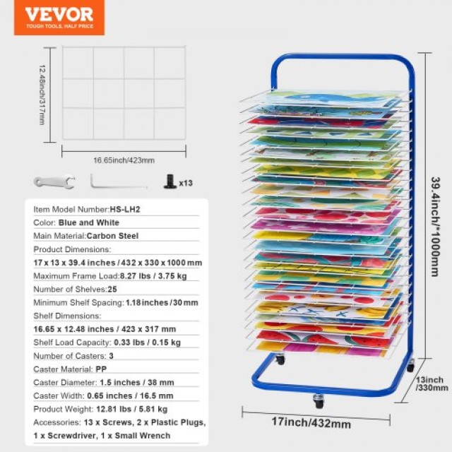 VEVOR  Ράφι Στεγνώματος Τέχνης με 25 Αφαιρούμενα Ράφια και Ρόδες - Μπλε JSYSGZJLBTGS796QIV0