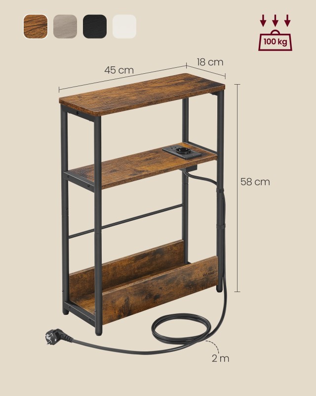 VASAGLE Λεπτό Τραπεζάκι Νυκτός 45x18x58cm με Πρίζα και USB Θύρες LET335K02