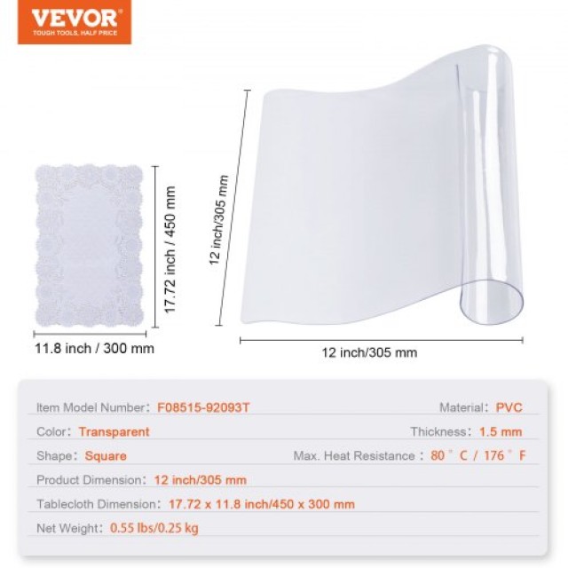 Διαφανές Προστατευτικό Τραπεζιού VEVOR, 12x12, 1.5mm PVC, Αδιάβροχο  ZFXZBYCTMSPVCXGPMV0