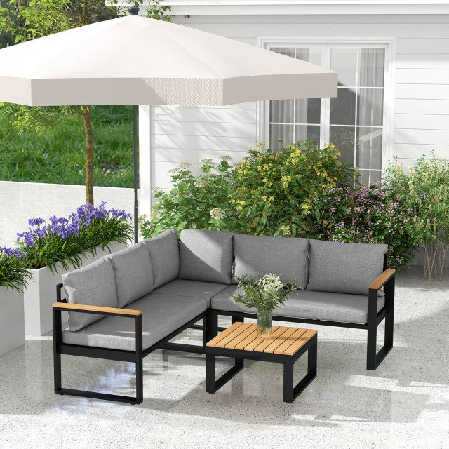 Outsunny Garden Lounge με 2 καναπέδες, γωνιακό κάθισμα και τραπεζάκι σαλονιού με στριφτή κορυφή, γκρι 84G-408V00GY