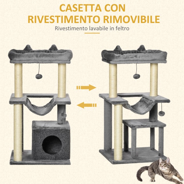 Cat Tree με Σιζάλ Σχοινί ξύσιμο Σπίτι Μαξιλάρι και αιώρα Λούτρινο και τσόχα κάλυμμα Γκρι 48 x 48 x 90 cm PawHut D30-491