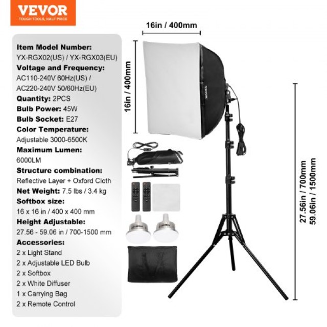 VEVOR  Κιτ Φωτισμού Softbox 16x16, ρυθμιζόμενο 3000-6500K για λήψεις  SYRGZMTZ1616XK6DGV2