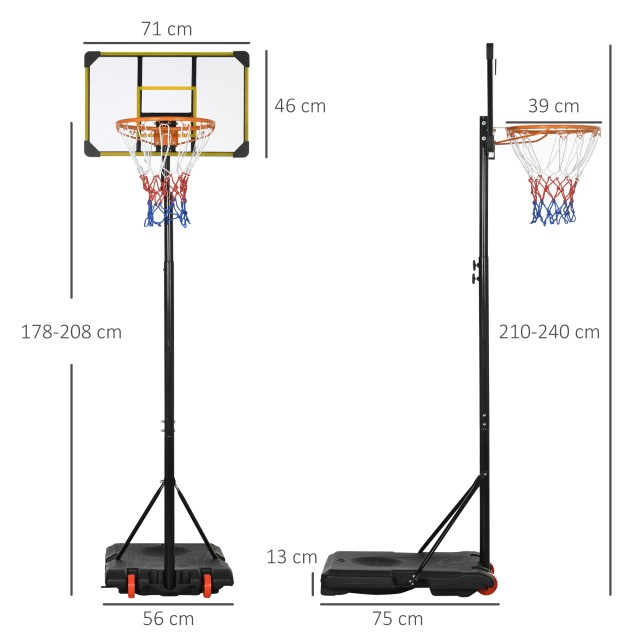 SPORTNOW  Καλάθι Μπάσκετ για Παιδιά 6-14 Ετών, Ρυθμιζόμενο Ύψος 2.1-2.4 μ, Ρόδες και Γεμιζόμενη Βάση, Κίτρινο  A61-041V00YL