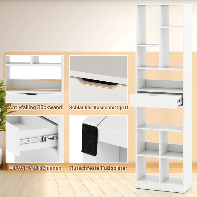 Costway  Λευκή Βιβλιοθήκη 180cm με Συρτάρι - 10 Ανοιχτά Ράφια & Αντ...