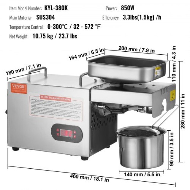 VEVOR  Ηλεκτρική Πρέσα Λαδιού 850W, Ρυθμιζόμενη Θερμοκρασία, Ανοξείδωτη για Φιστίκια, Σουσάμι, Κράμβη, Τσάι DDZYJ850W15KNVY87V2