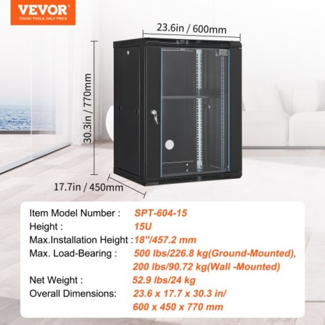 VEVOR 15U Επιτοίχια Ντουλάπα Δικτύου με Γυάλινη Πόρτα 18  WLJJ15UW155GJOIJAV0