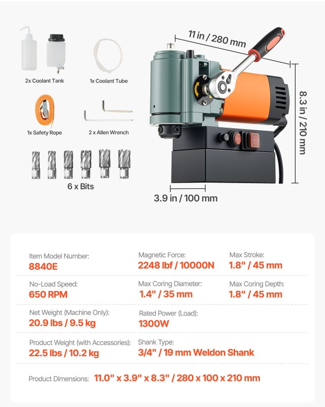 VEVOR Μαγνητικό Δράπανο Χαμηλού Προφίλ 1300W 35mm Διατρ. Διάμετρος ...