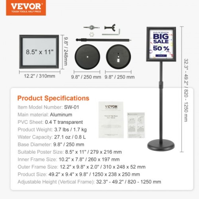 VEVOR  Ρυθμιζόμενη Βάση Πινακίδας 8.5x11, Μαύρη  BZJZSDZ8511YJXAQXV0