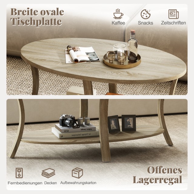 Costway Οβάλ Τραπεζάκι Σαλονιού με Ράφι Διόροφη Τραπέζι Καφέ Βελανι...