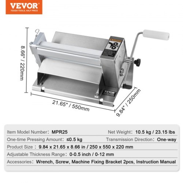 VEVOR Χειροκίνητη Μηχανή Πίεσης Ζύμης MPR25 - Ρυθμιζόμενο Πάχος, Συ...